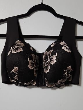 Black Bra with Nude Floral Lace Embroidery Front Closure Boost Size 1XL